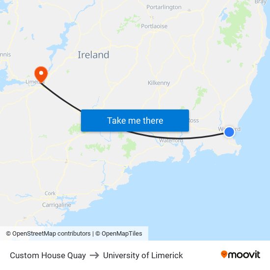 Custom House Quay to University of Limerick map