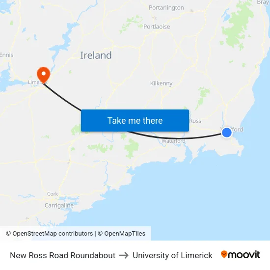 New Ross Road Roundabout to University of Limerick map