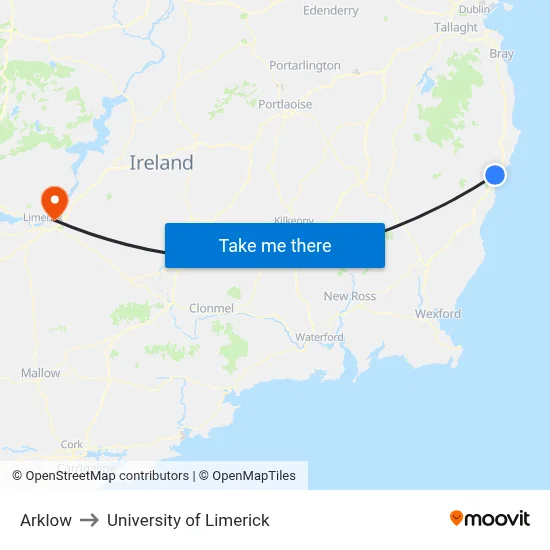 Arklow to University of Limerick map