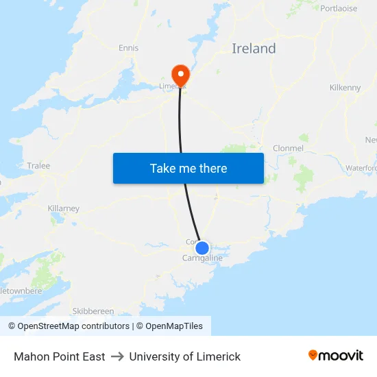 Mahon Point East to University of Limerick map
