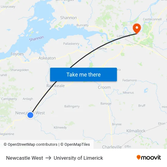 Newcastle West to University of Limerick map