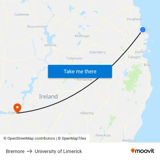 Bremore to University of Limerick map