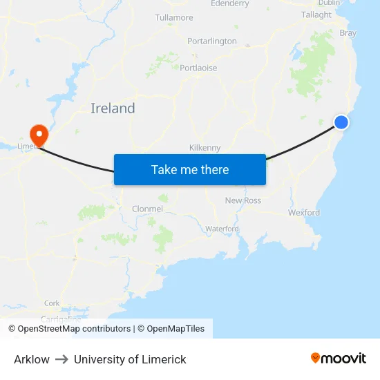 Arklow to University of Limerick map