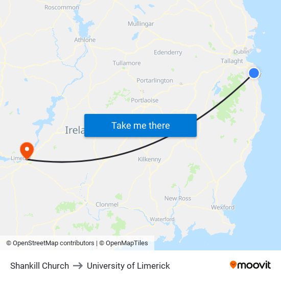 Shankill Church to University of Limerick map