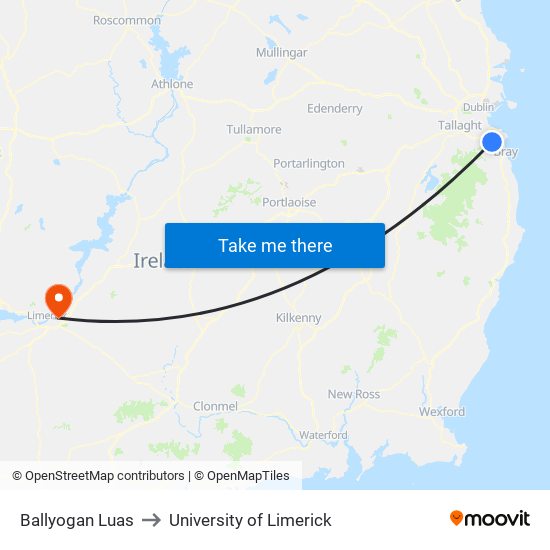 Ballyogan Luas to University of Limerick map