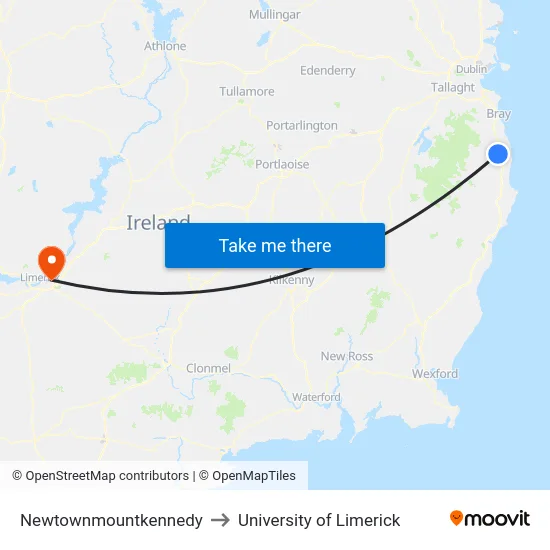 Newtownmountkennedy to University of Limerick map