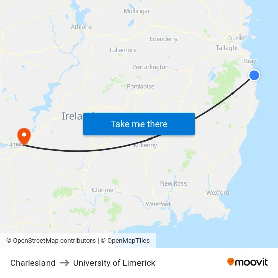 Charlesland to University of Limerick map
