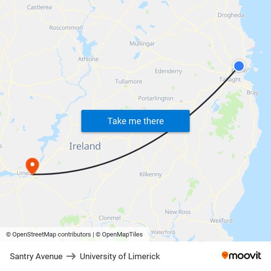 Santry Avenue to University of Limerick map