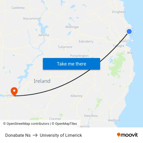 Donabate Ns to University of Limerick map