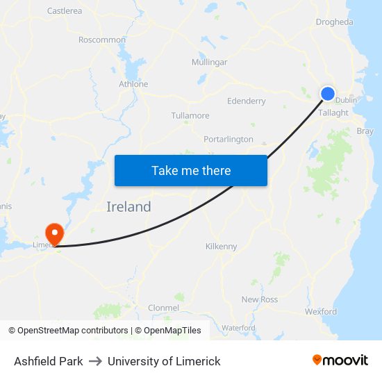 Ashfield Park to University of Limerick map