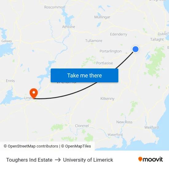 Toughers Ind Estate to University of Limerick map