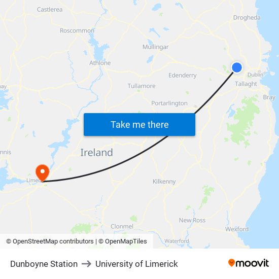 Dunboyne Station to University of Limerick map