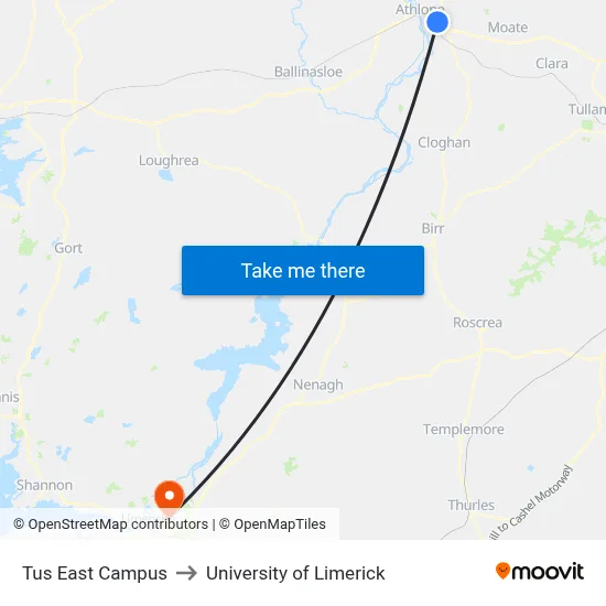 Tus East Campus to University of Limerick map