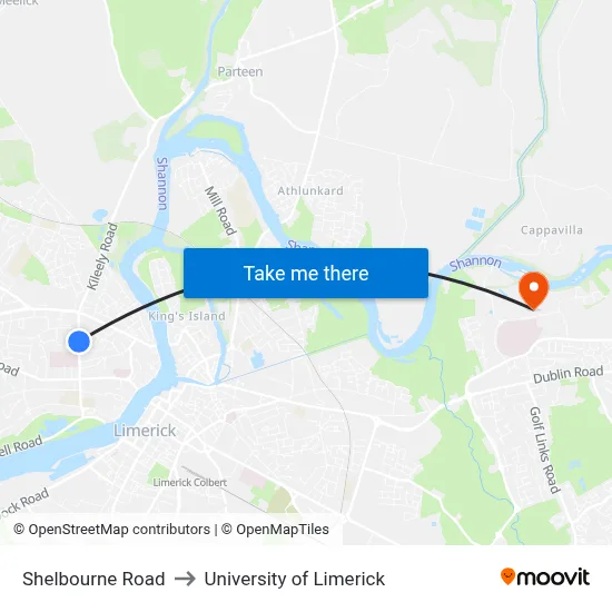 Shelbourne Road to University of Limerick map