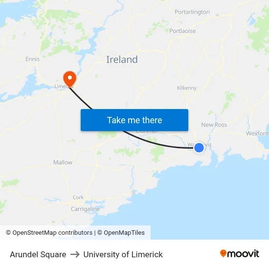 Arundel Square to University of Limerick map
