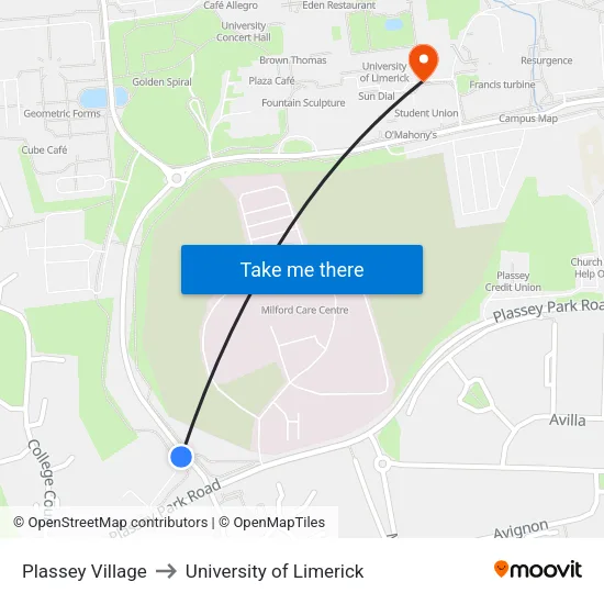 Plassey Village to University of Limerick map