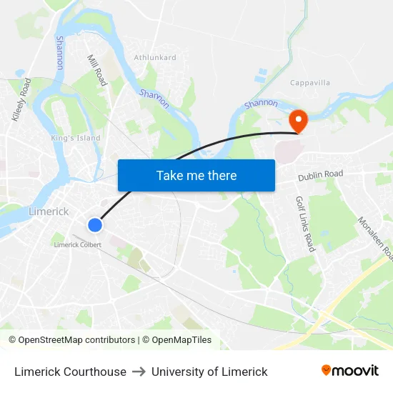 Limerick Courthouse to University of Limerick map