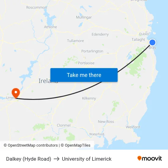 Dalkey (Hyde Road) to University of Limerick map