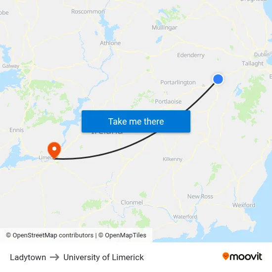 Ladytown to University of Limerick map