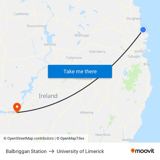 Balbriggan Station to University of Limerick map