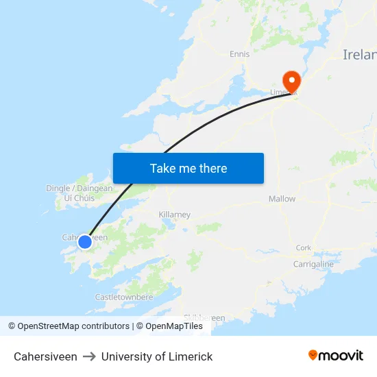 Cahersiveen to University of Limerick map