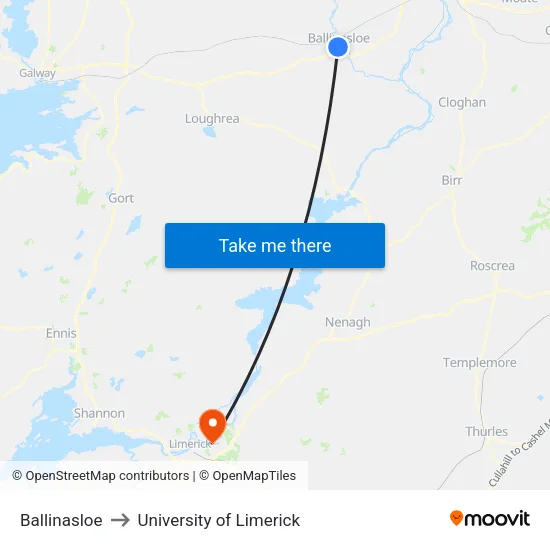 Ballinasloe to University of Limerick map