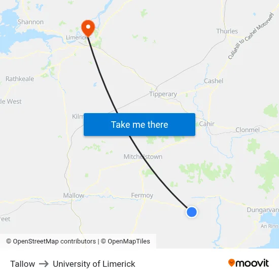 Tallow to University of Limerick map