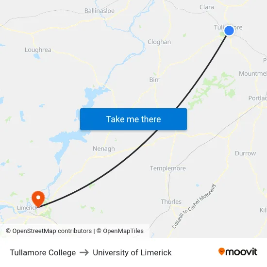 Tullamore College to University of Limerick map