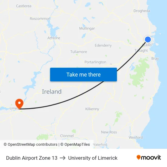 Dublin Airport Zone 13 to University of Limerick map