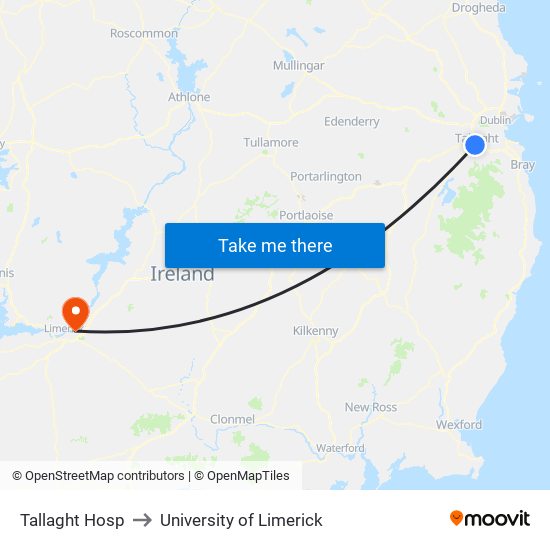 Tallaght Hosp to University of Limerick map