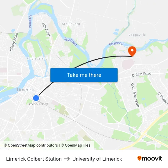 Limerick Colbert Station to University of Limerick map