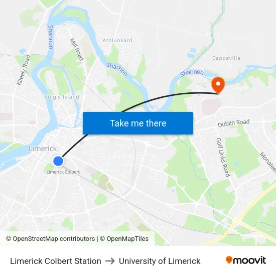 Limerick Colbert Station to University of Limerick map