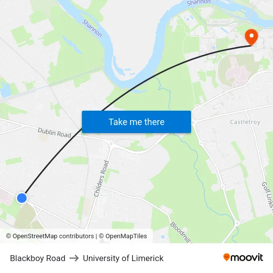 Blackboy Road to University of Limerick map