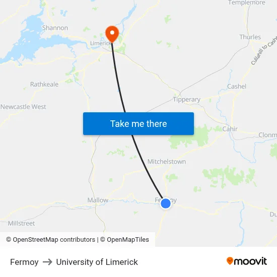 Fermoy to University of Limerick map