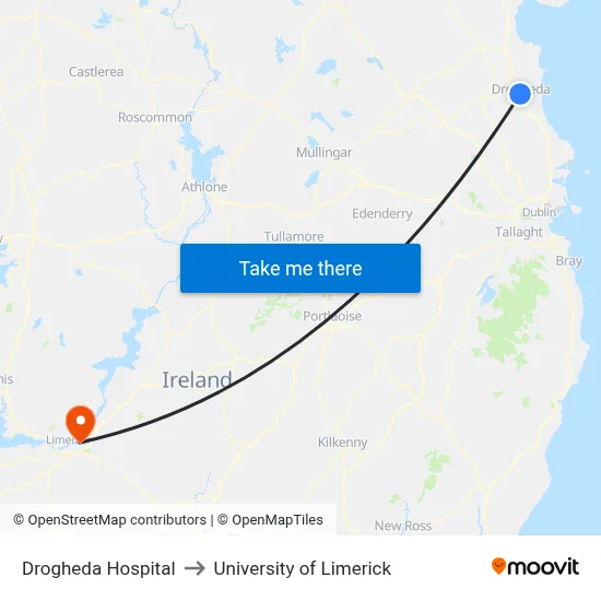 Drogheda Hospital to University of Limerick map