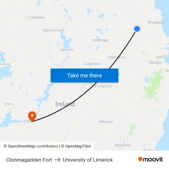 Clonmagadden Fort to University of Limerick map