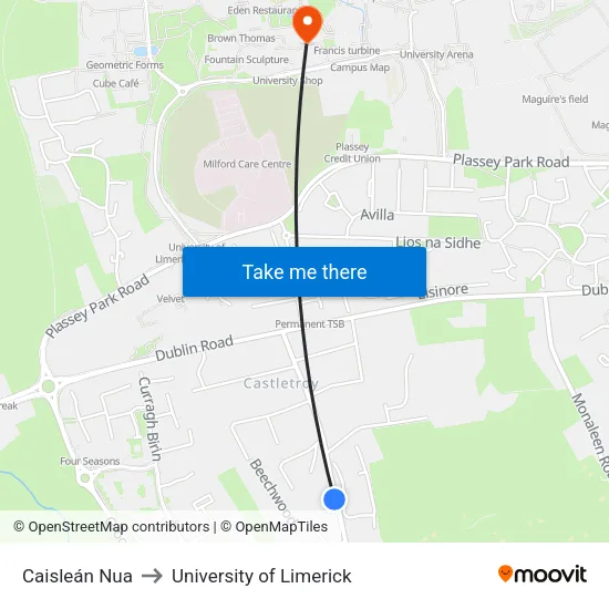 Caisleán Nua to University of Limerick map