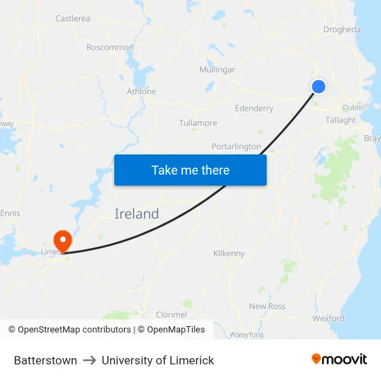 Batterstown to University of Limerick map