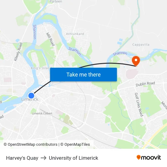 Harvey's Quay to University of Limerick map