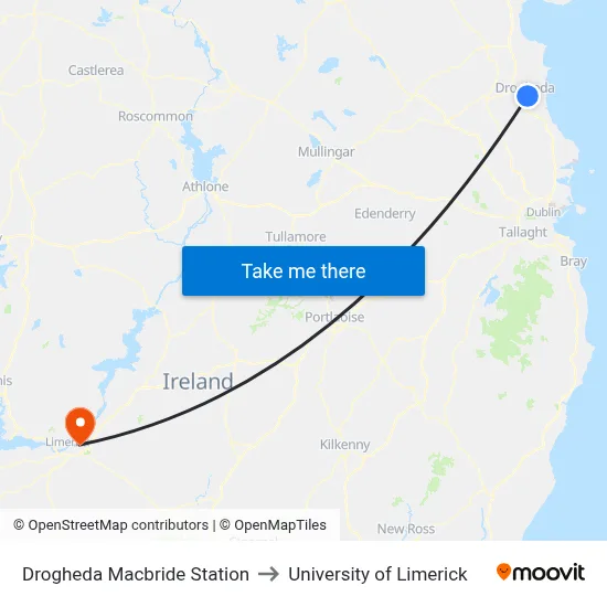 Drogheda Macbride Station to University of Limerick map