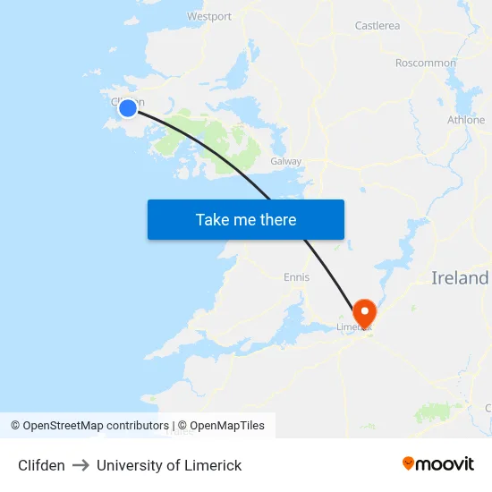 Clifden to University of Limerick map
