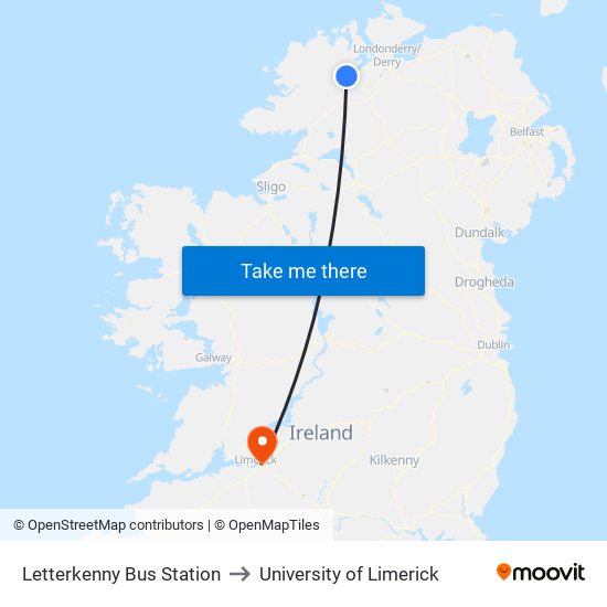 Letterkenny Bus Station to University of Limerick map