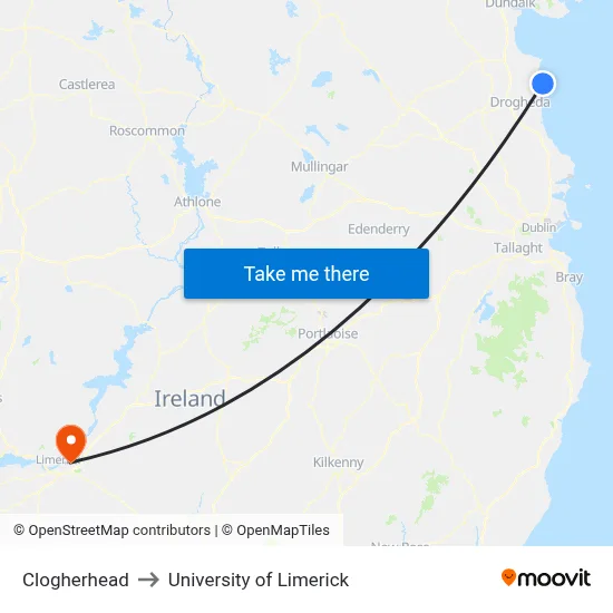 Clogherhead to University of Limerick map