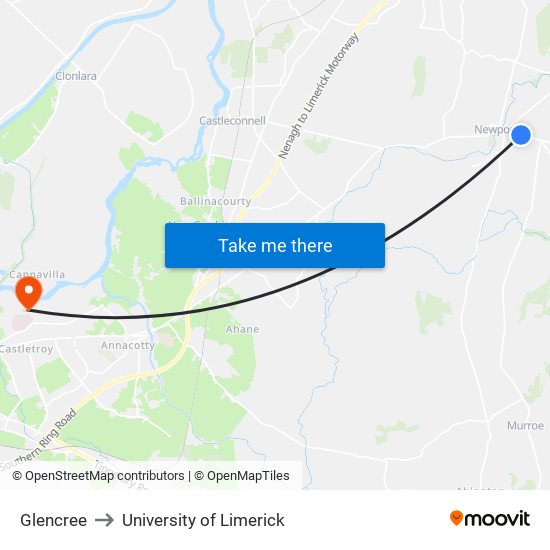 Glencree to University of Limerick map