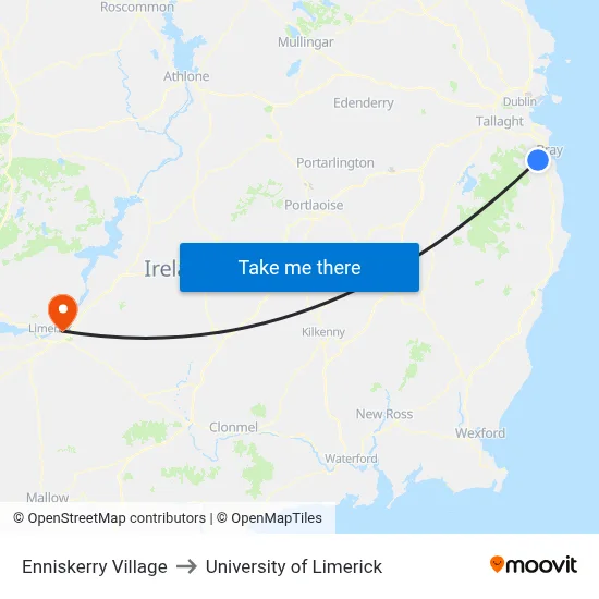 Enniskerry Village to University of Limerick map