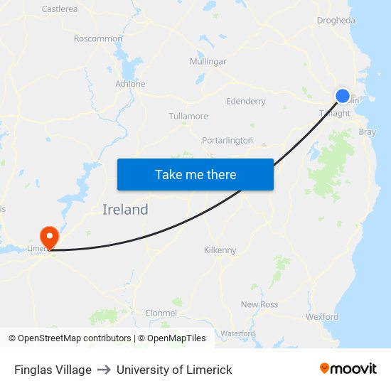 Finglas Village to University of Limerick map