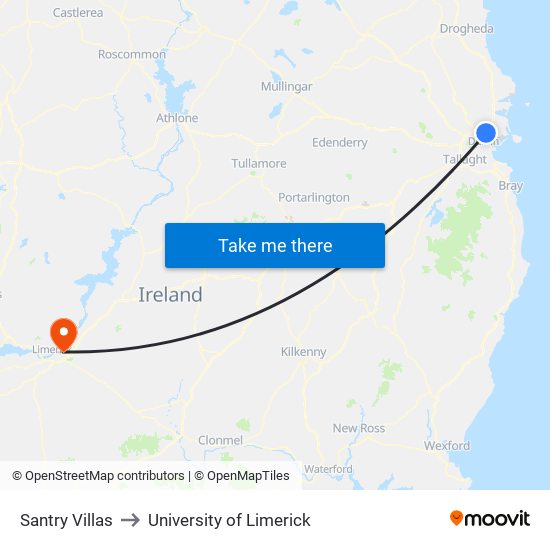 Santry Villas to University of Limerick map