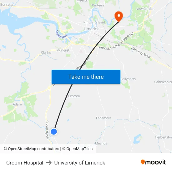Croom Hospital to University of Limerick map