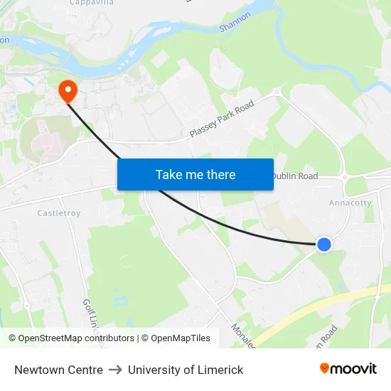 Newtown Centre to University of Limerick map