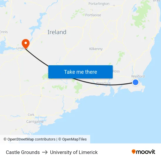 Johnstown Castle to University of Limerick map